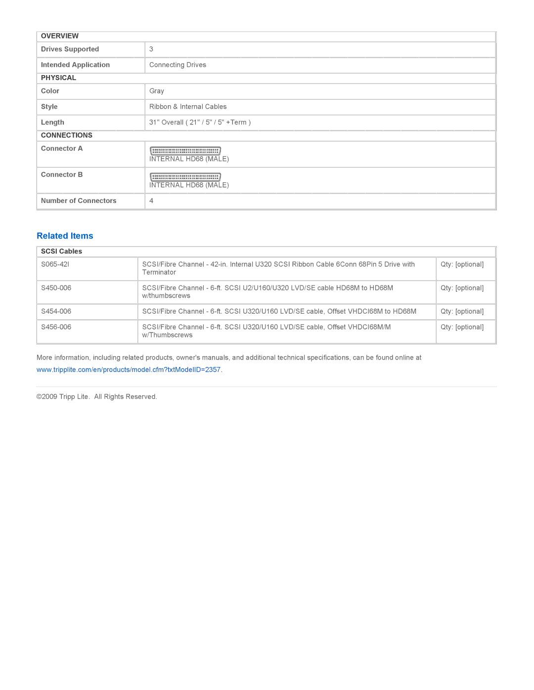 Tripp Lite U160 specifications Related Items, Scsi Cables 