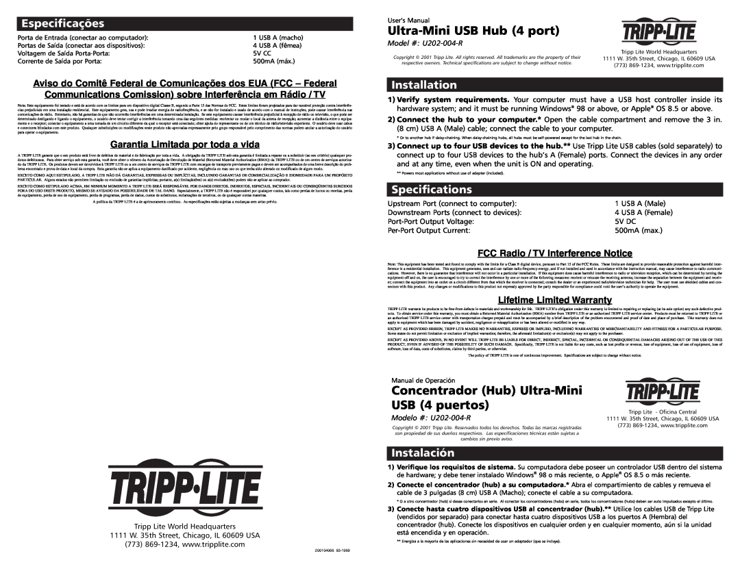 Tripp Lite U202-004-R specifications Ultra-Mini USB Hub 4 port, Concentrador Hub Ultra-Mini USB 4 puertos, Especificações 