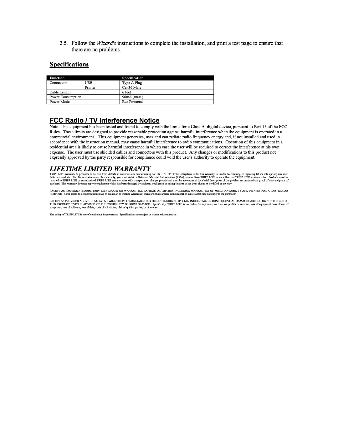Tripp Lite U206-006-R user manual Specifications, FCC Radio / TV Interference Notice, Lifetime Limited Warranty 