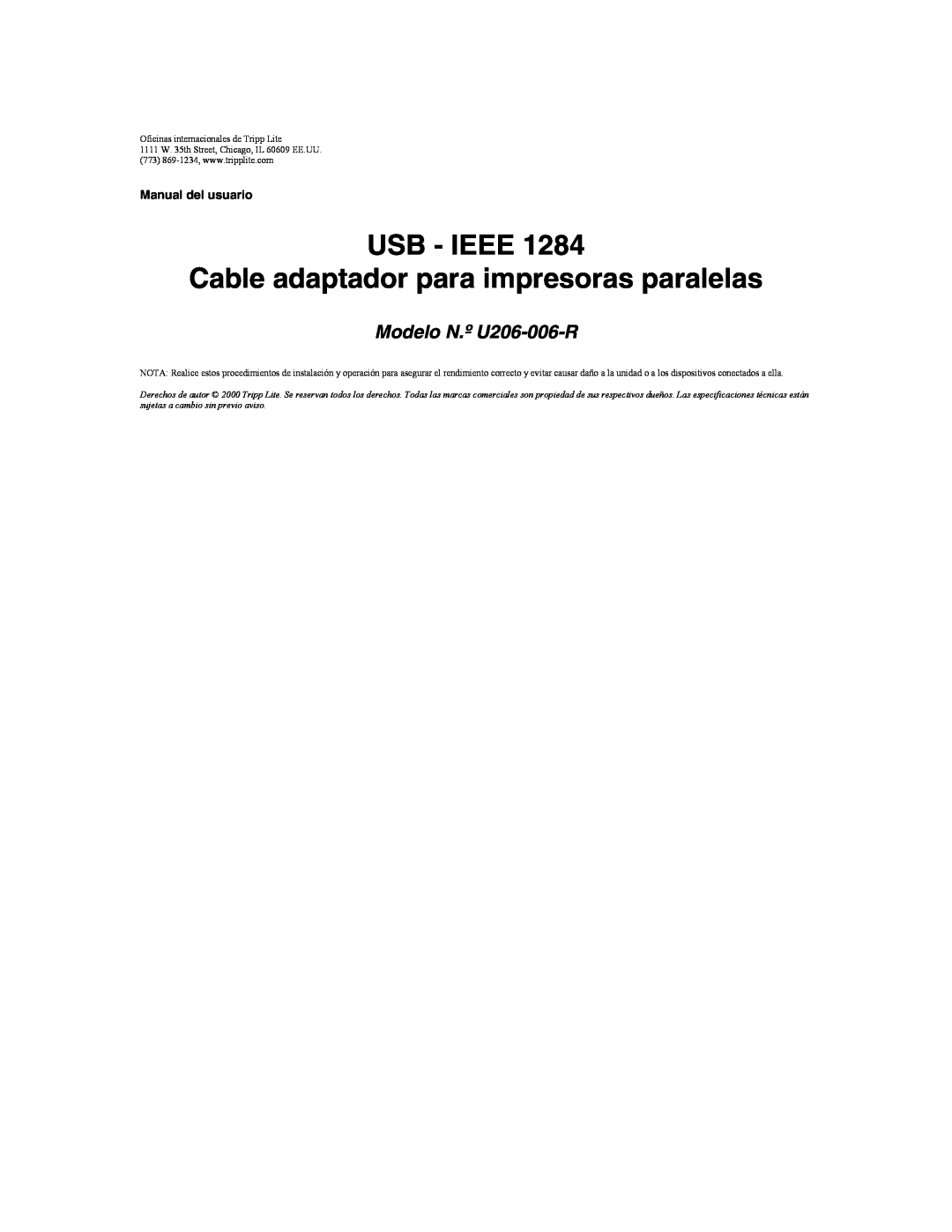 Tripp Lite user manual USB - IEEE Cable adaptador para impresoras paralelas, Modelo N.º U206-006-R, Manual del usuario 