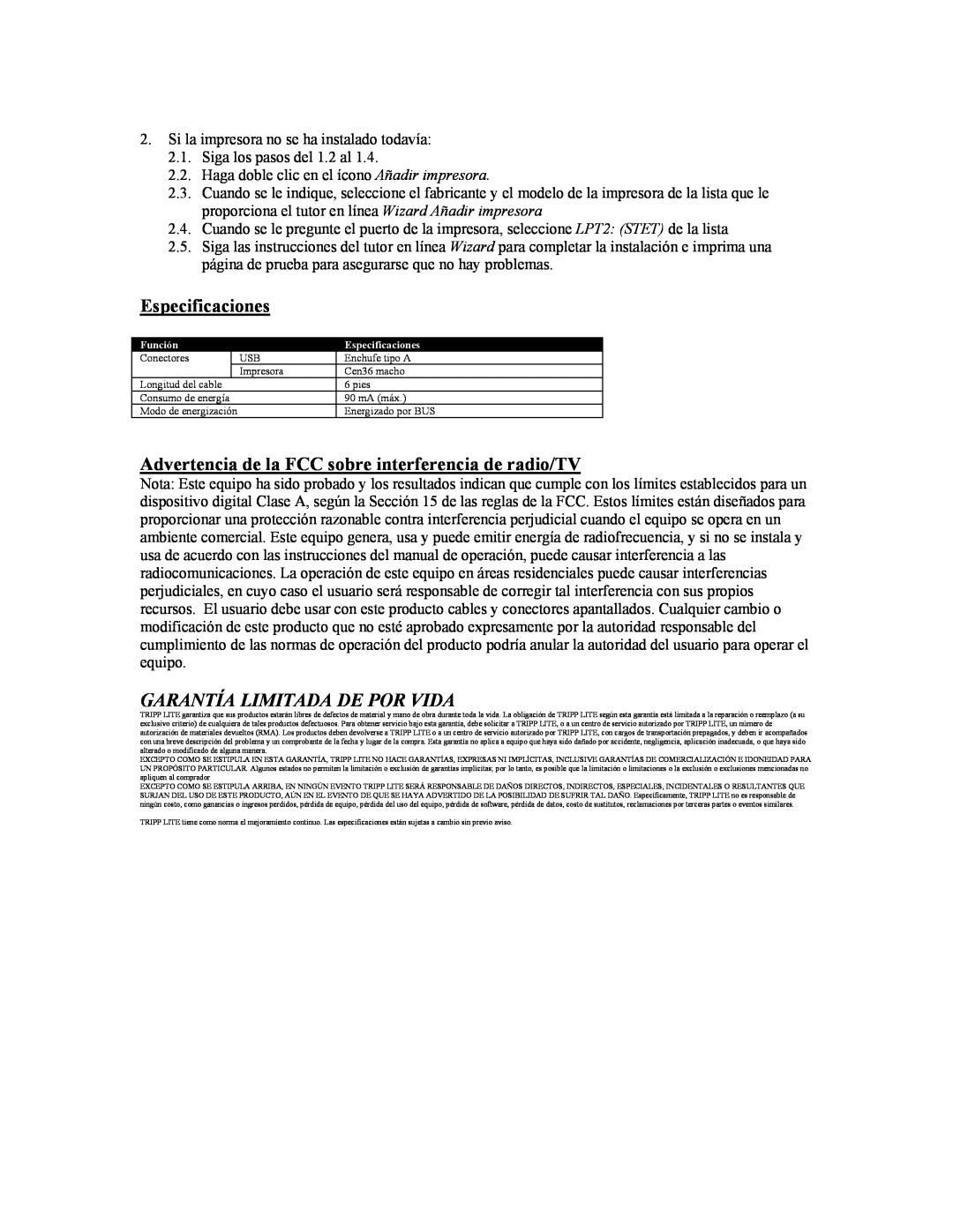 Tripp Lite U206-006-R user manual Especificaciones, Advertencia de la FCC sobre interferencia de radio/TV 