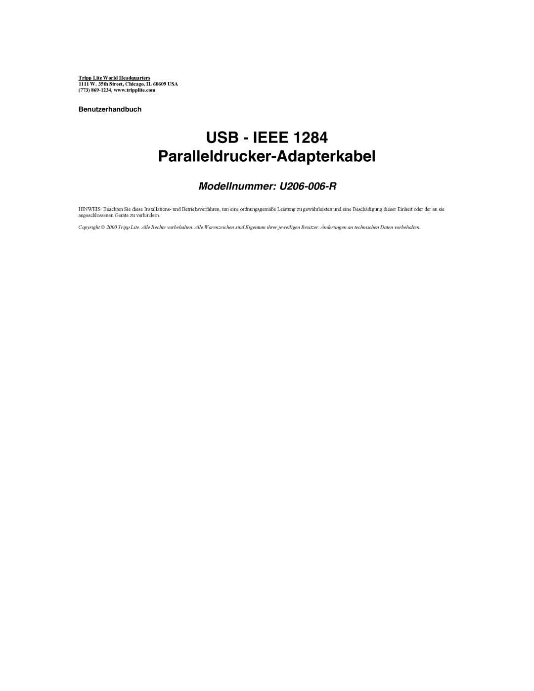 Tripp Lite user manual USB Ieee Paralleldrucker-Adapterkabel, Modellnummer U206-006-R 