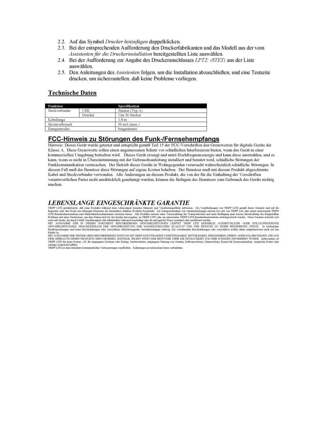 Tripp Lite U206-006-R user manual Technische Daten, Lebenslange Eingeschränkte Garantie, Funktion Spezifikation 