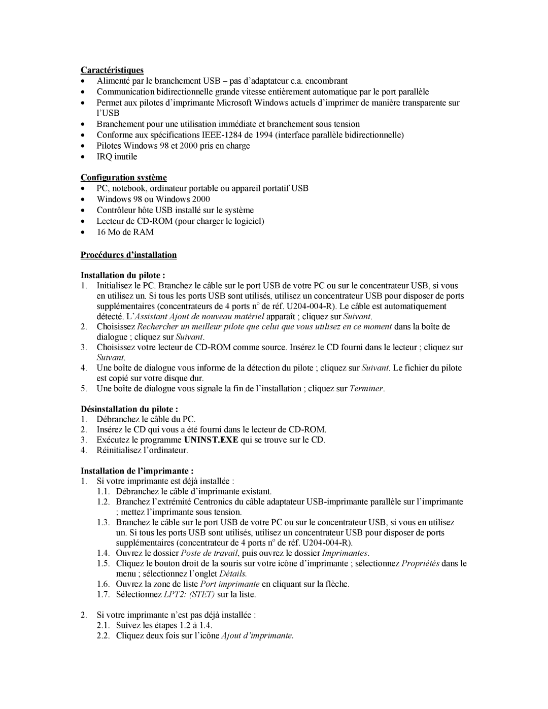 Tripp Lite U206-006-R user manual Caractéristiques, Configuration système, Procédures d’installation Installation du pilote 