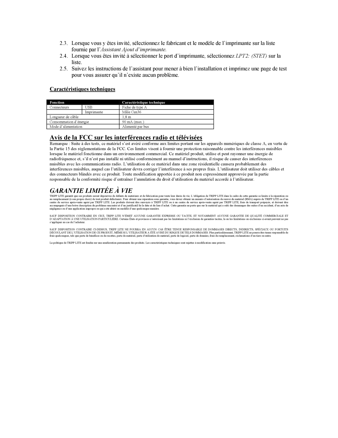 Tripp Lite U206-006-R user manual Avis de la FCC sur les interférences radio et télévisées, Garantie Limitée À VIE 