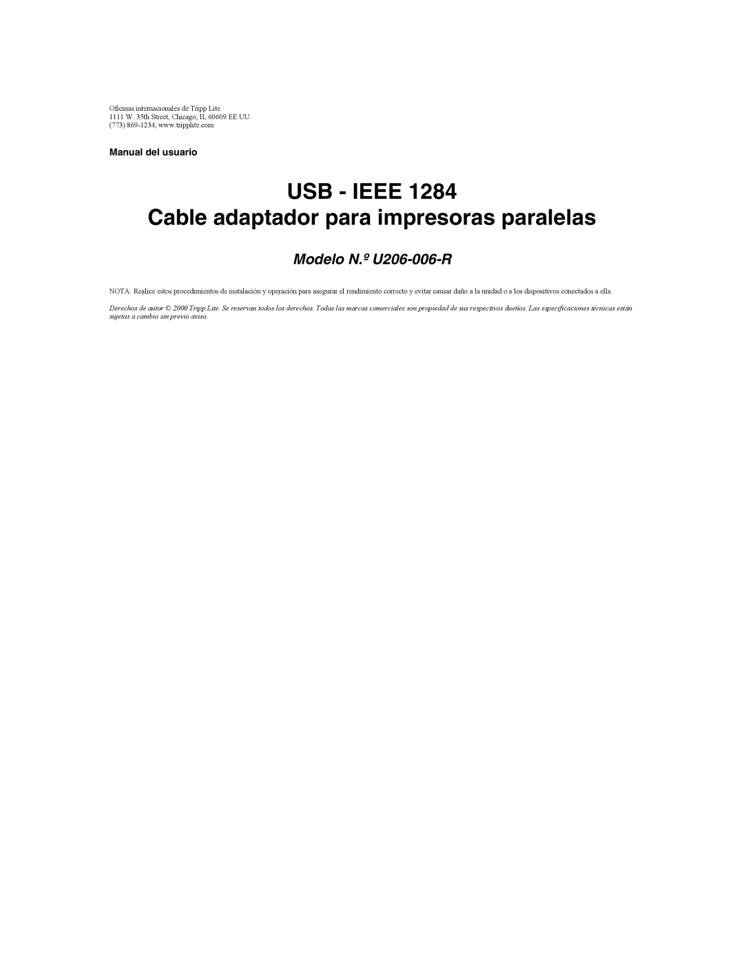 Tripp Lite user manual USB Ieee Cable adaptador para impresoras paralelas, Modelo N.º U206-006-R 