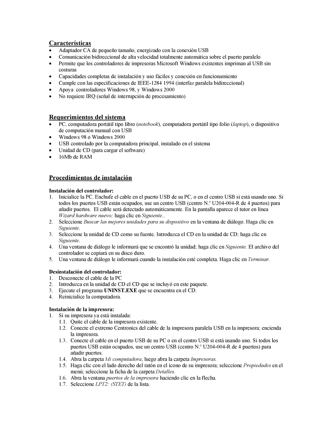 Tripp Lite U206-006-R user manual Características, Requerimientos del sistema, Procedimientos de instalación 