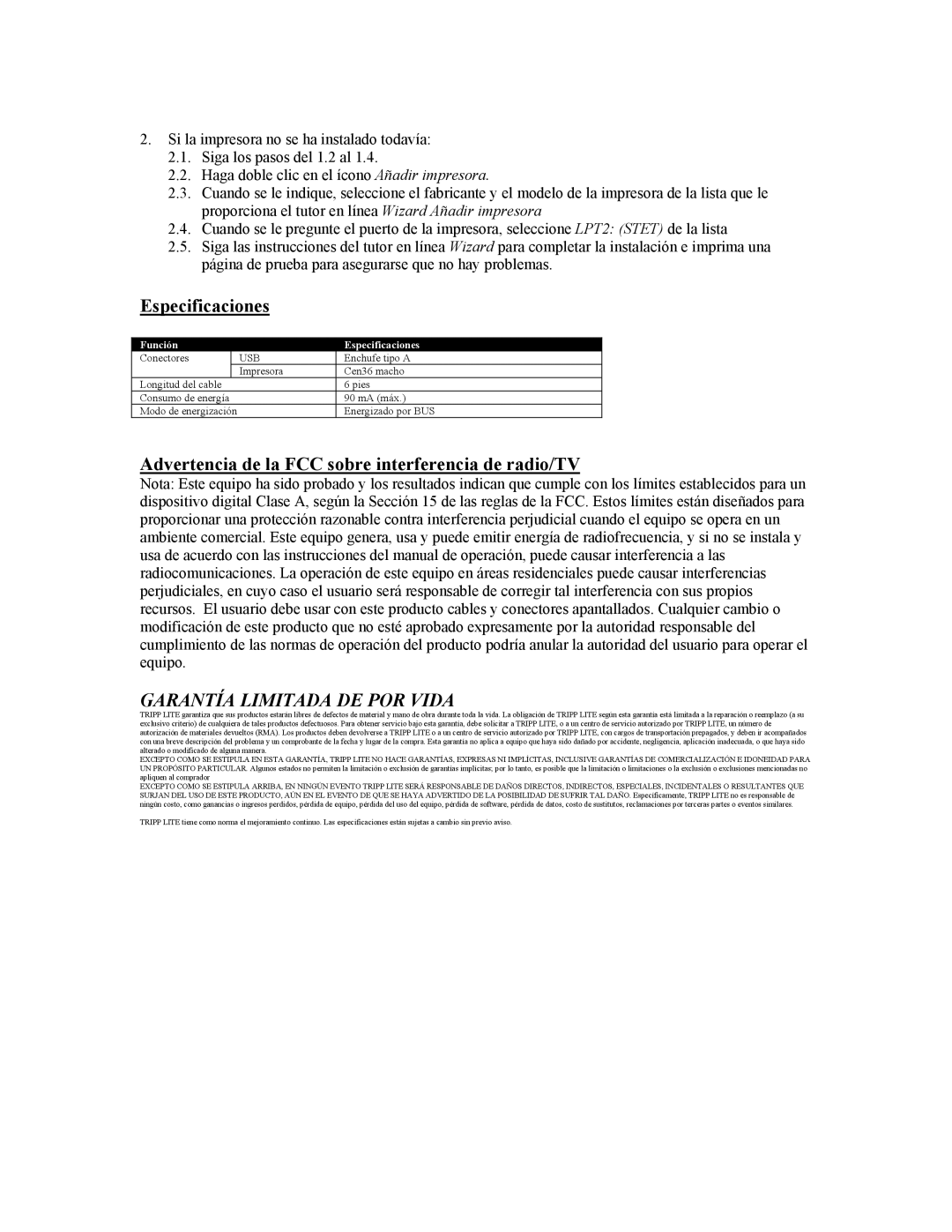 Tripp Lite U206-006-R user manual Advertencia de la FCC sobre interferencia de radio/TV, Función Especificaciones 