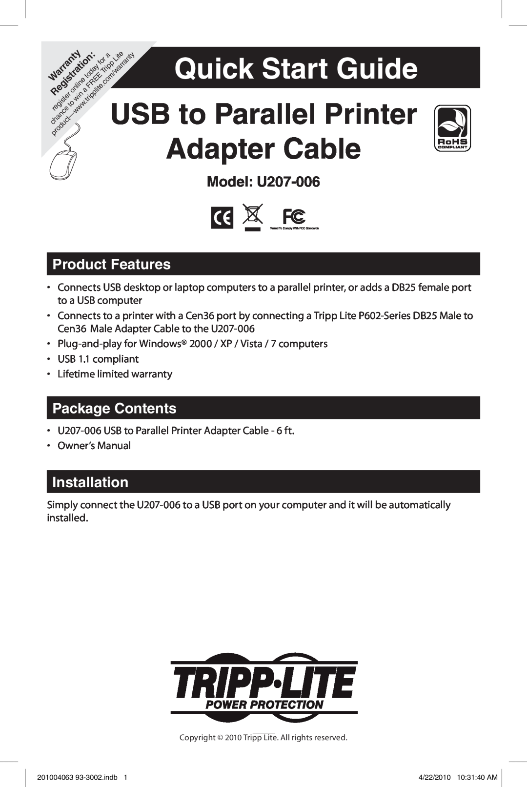 Tripp Lite quick start USB to Parallel Printer, Adapter Cable, Model U207-006, Product Features, Package Contents 