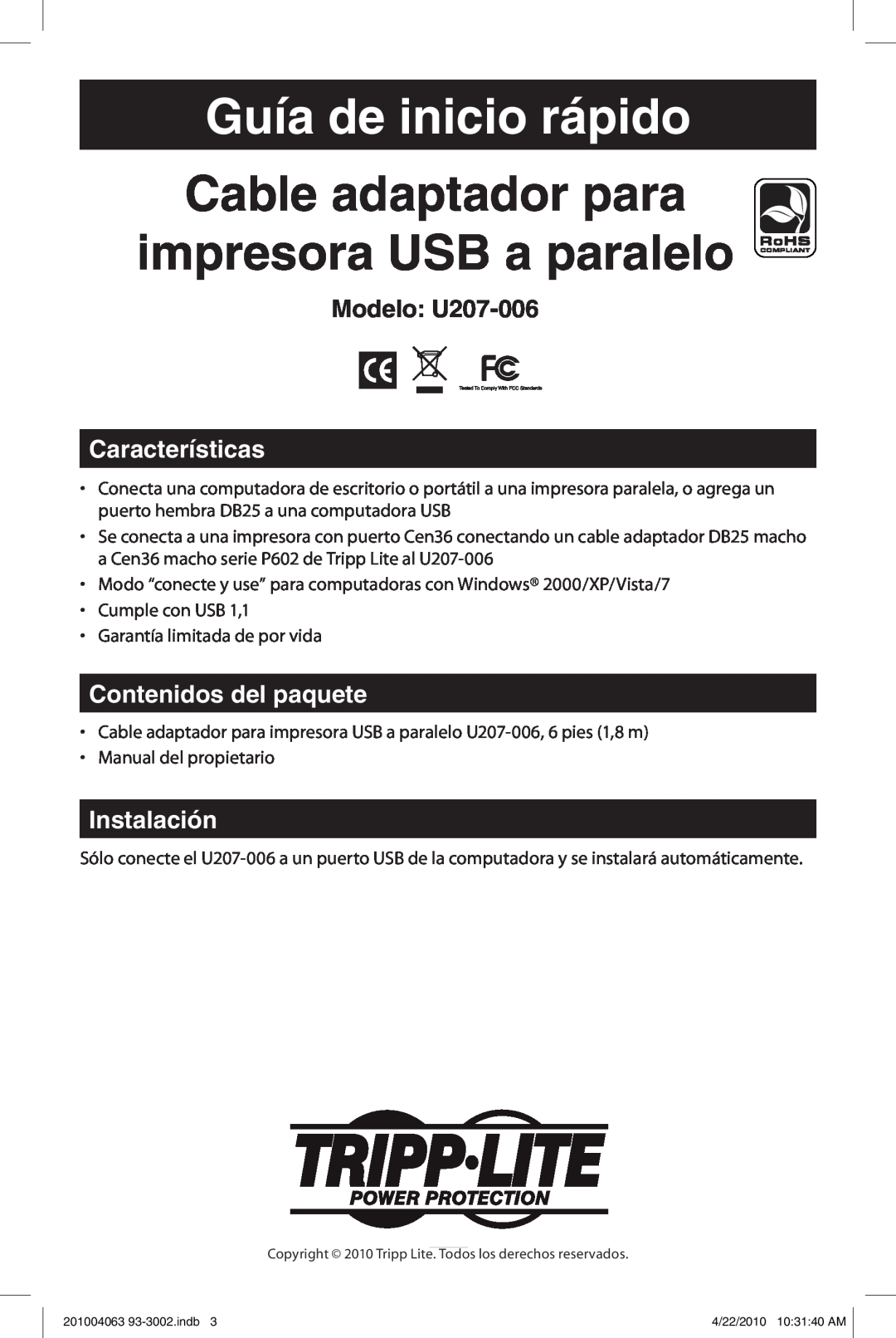 Tripp Lite Guía de inicio rápido, Cable adaptador para impresora USB a paralelo, Modelo U207-006, Características 