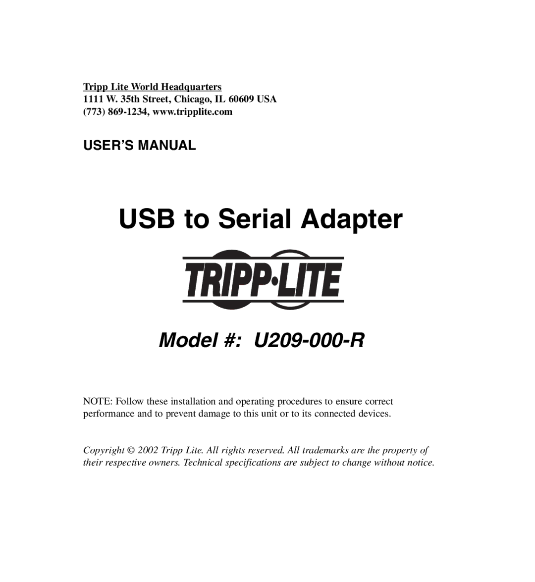 Tripp Lite U209-000-R user manual USB to Serial Adapter 