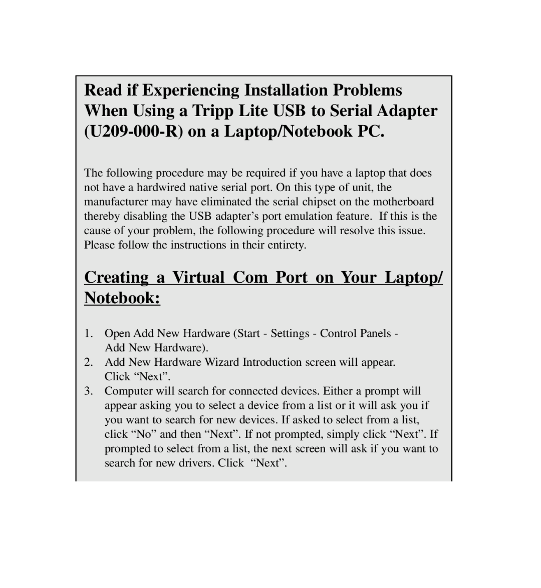 Tripp Lite U209-000-R user manual Creating a Virtual Com Port on Your Laptop/ Notebook 