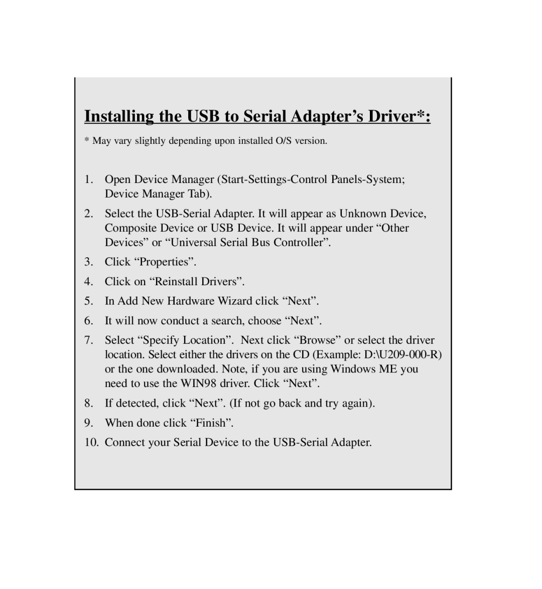 Tripp Lite U209-000-R user manual Installing the USB to Serial Adapter’s Driver 