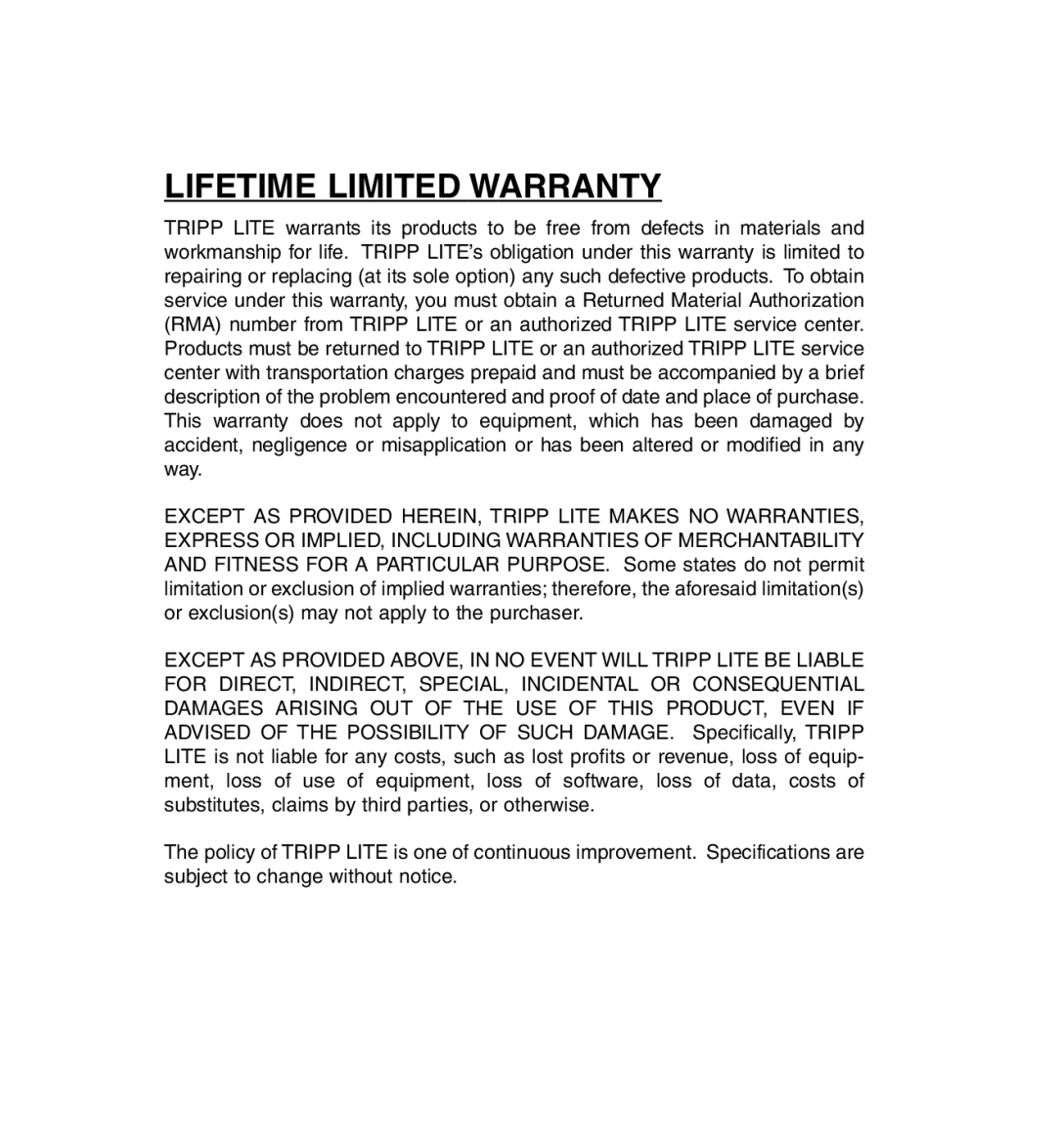 Tripp Lite U209-000-R user manual Lifetime Limited Warranty 