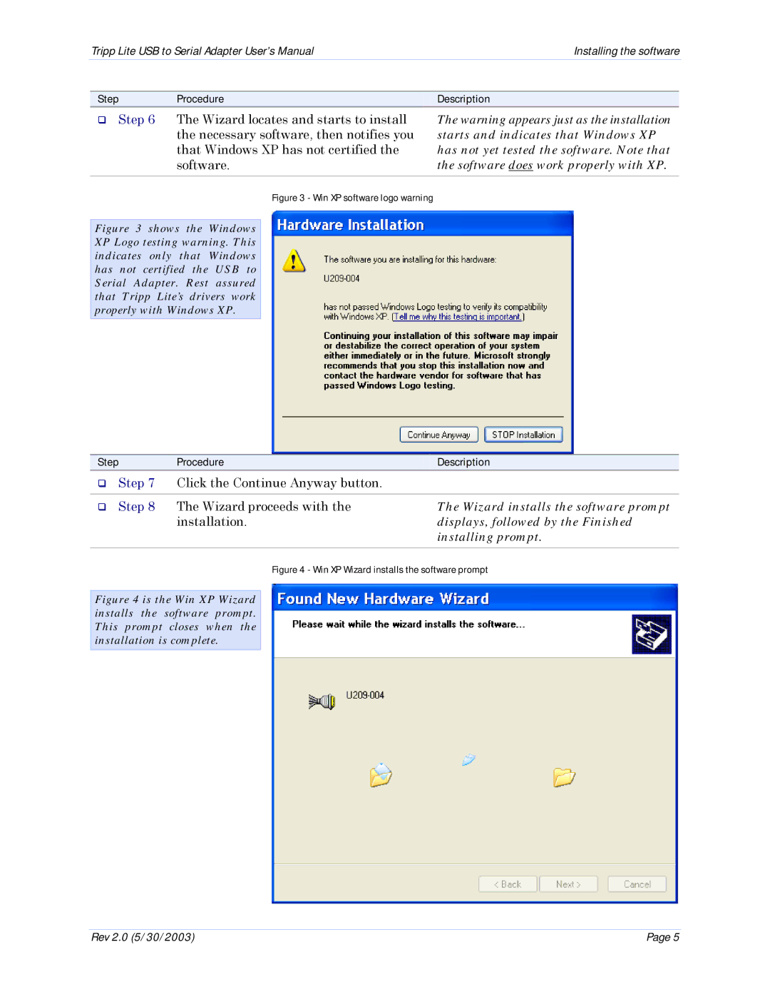 Tripp Lite U209-004 Starts and indicates that Windows XP, Has not yet tested the software. Note that, Installing prompt 