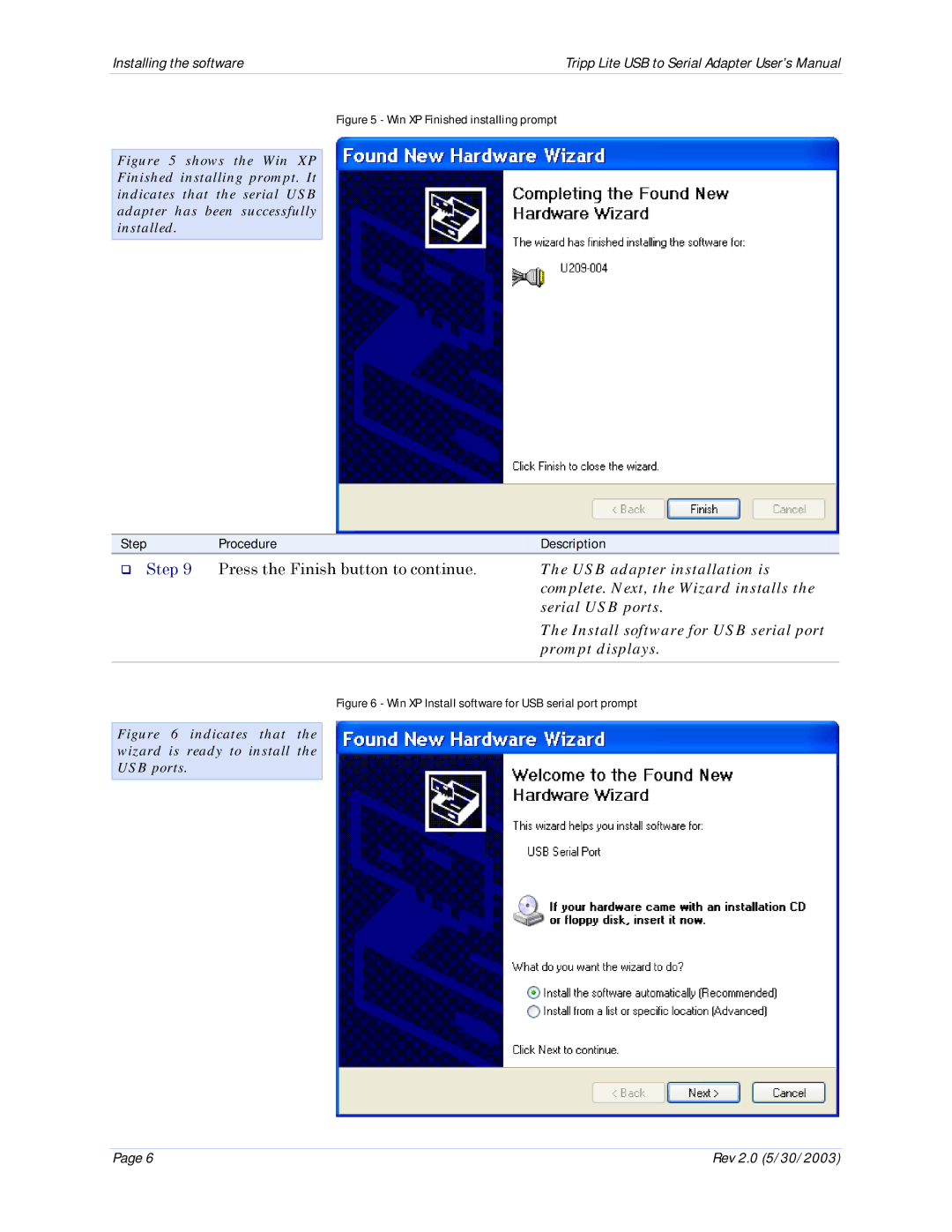 Tripp Lite U209-004 USB adapter installation is, Complete. Next, the Wizard installs, Serial USB ports, Prompt displays 