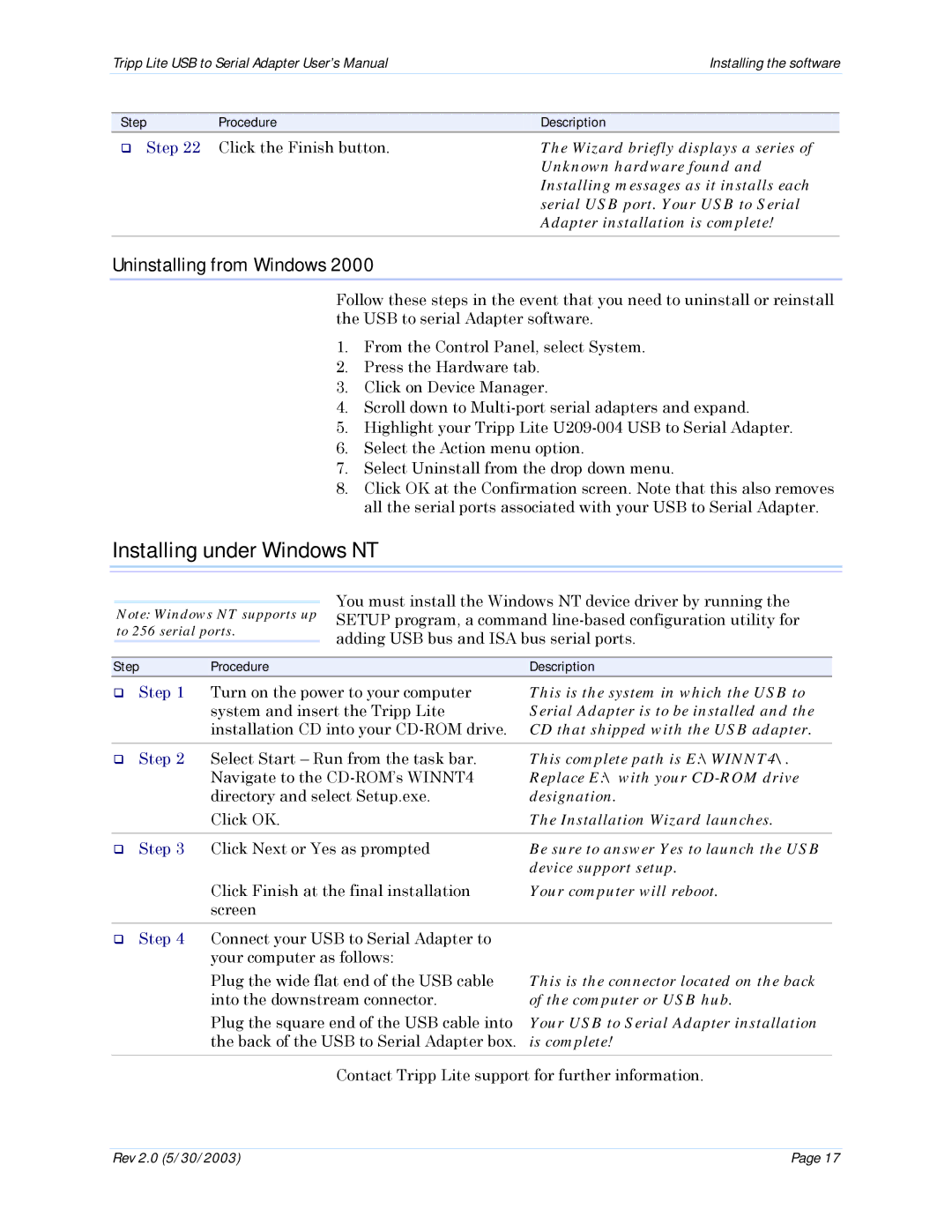 Tripp Lite U209-004 user manual Installing under Windows NT, Uninstalling from Windows 