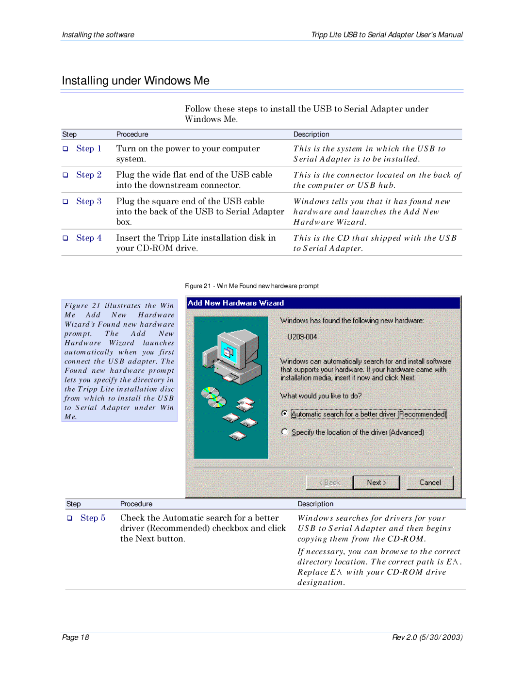 Tripp Lite U209-004 user manual Installing under Windows Me 