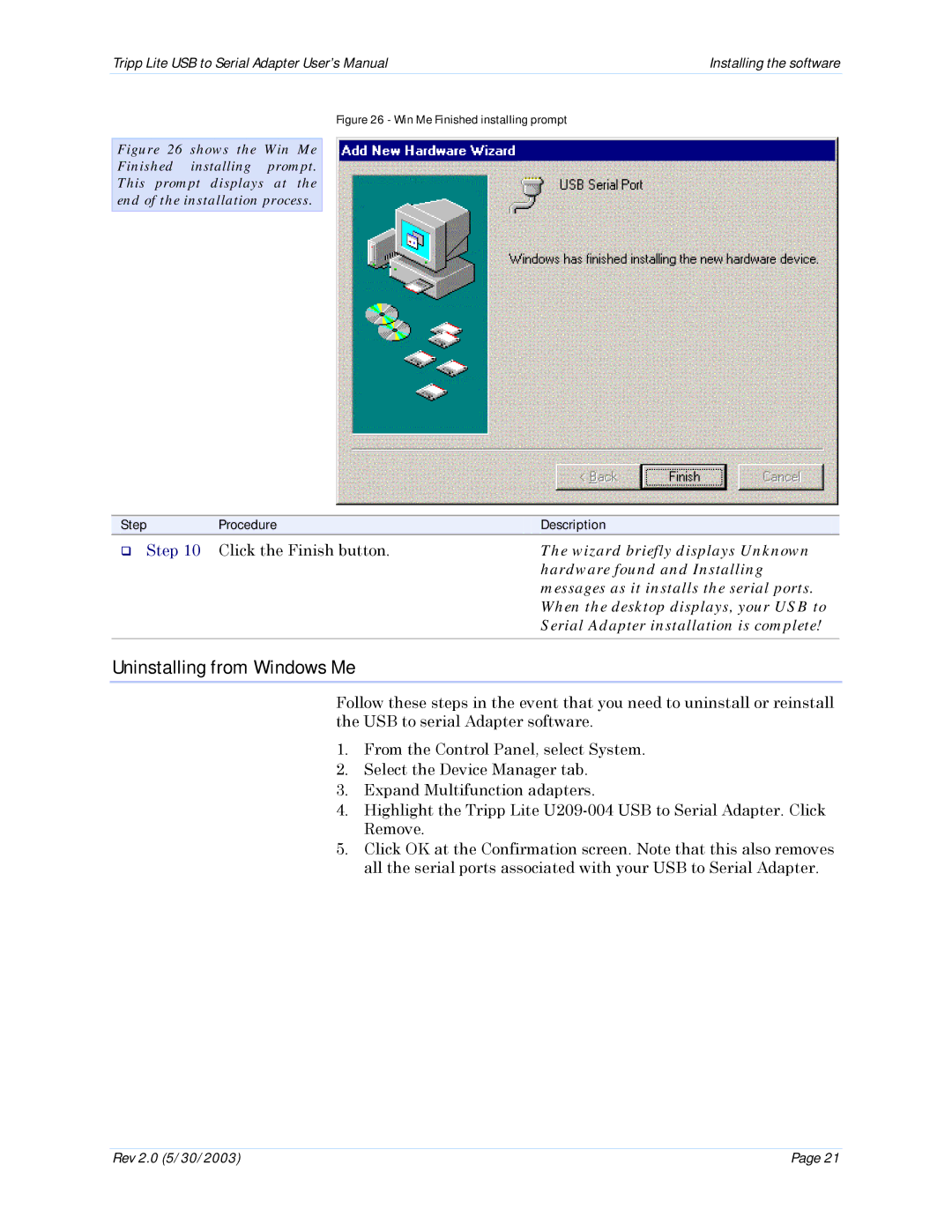 Tripp Lite U209-004 user manual Uninstalling from Windows Me 