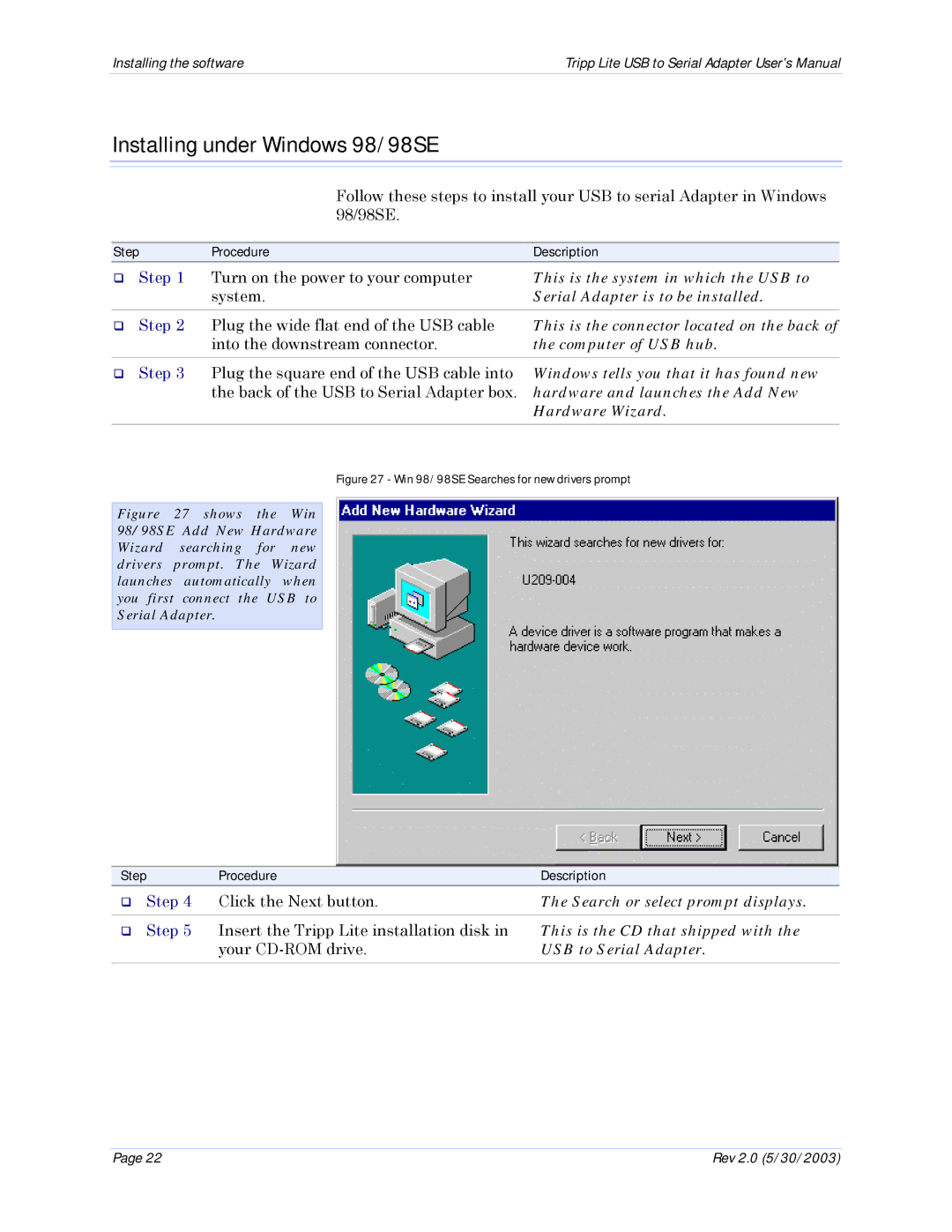 Tripp Lite U209-004 user manual Installing under Windows 98/98SE, Computer of USB hub, Search or select prompt displays 