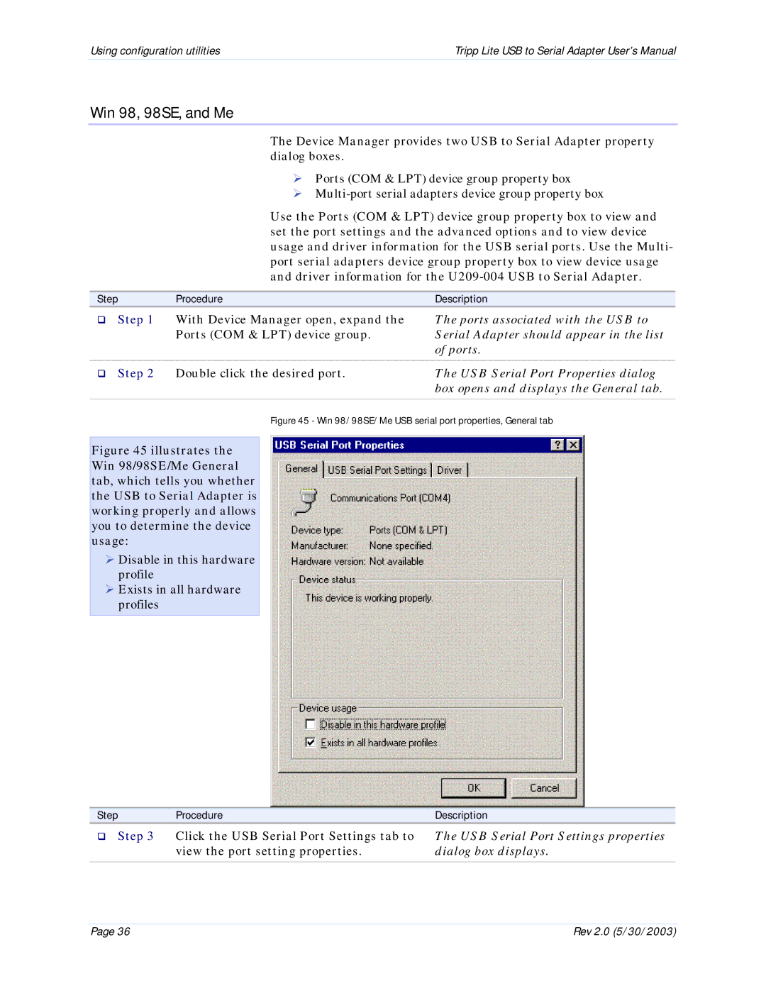 Tripp Lite U209-004 user manual USB Serial Port Settings properties, Dialog box displays 