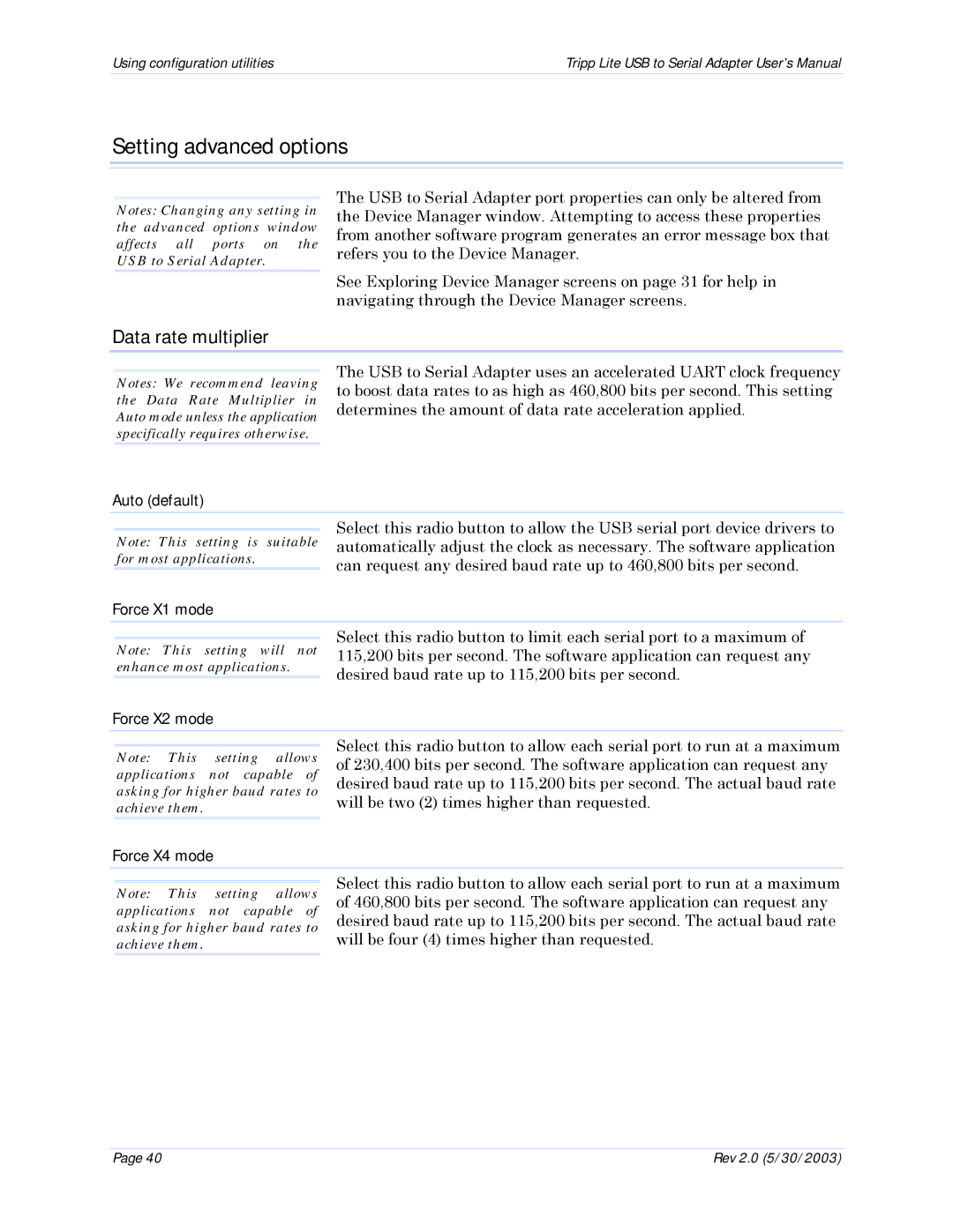 Tripp Lite U209-004 user manual Setting advanced options, Data rate multiplier 