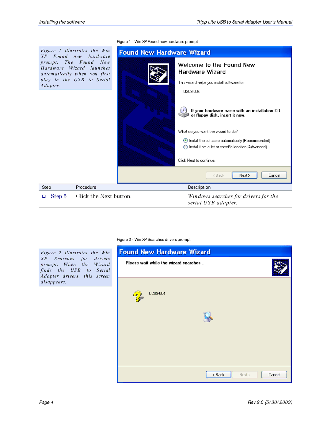 Tripp Lite U209-004 user manual Windows searches for drivers for, Serial USB adapter 