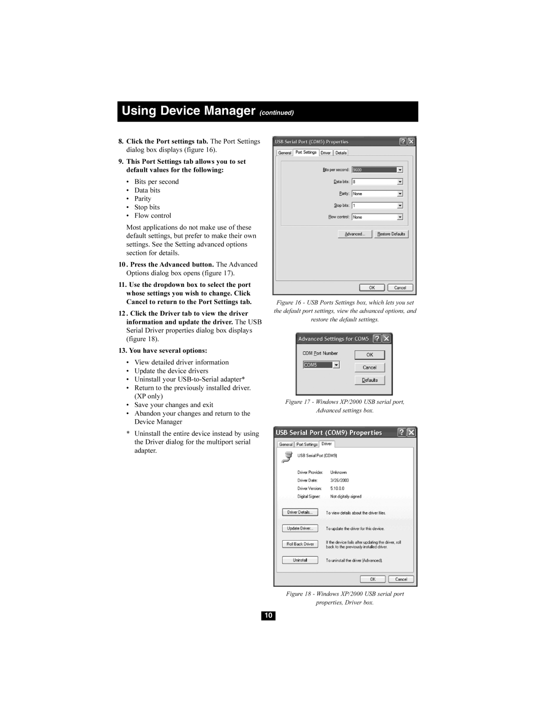 Tripp Lite U209-008 owner manual Windows XP/2000 USB serial port Advanced settings box 