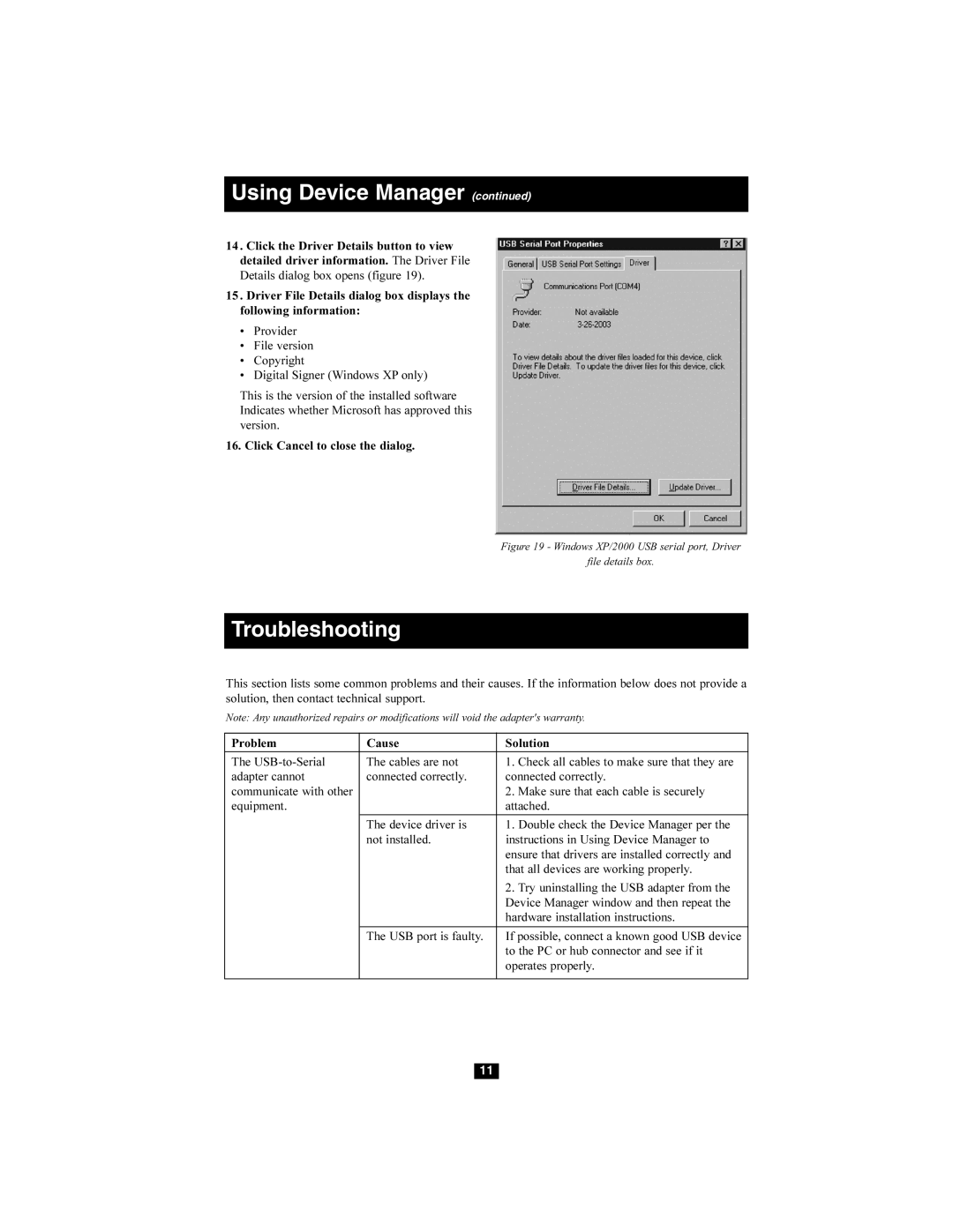 Tripp Lite U209-008 owner manual Troubleshooting, Windows XP/2000 USB serial port, Driver File details box 