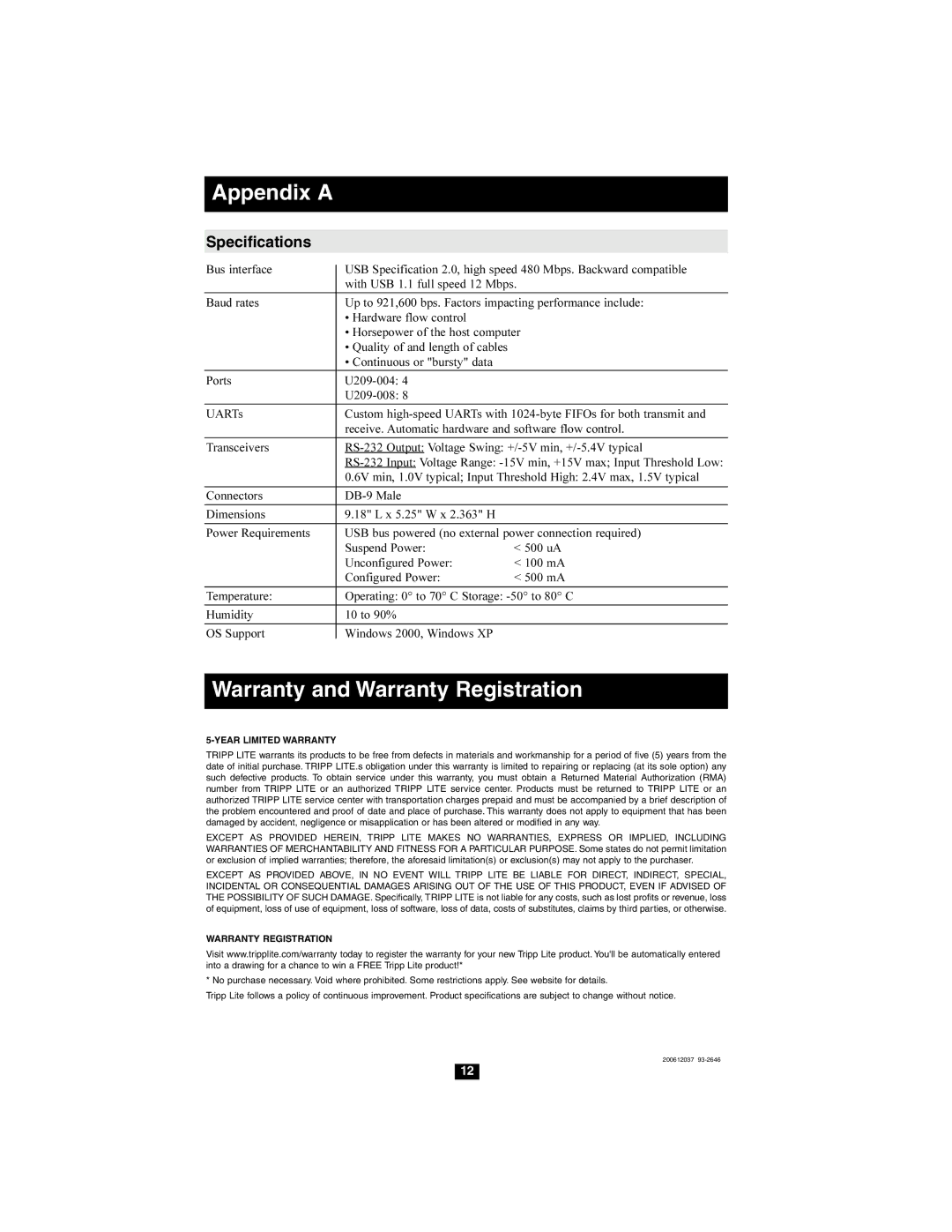 Tripp Lite U209-008 owner manual Appendix a, Warranty and Warranty Registration, Specifications 