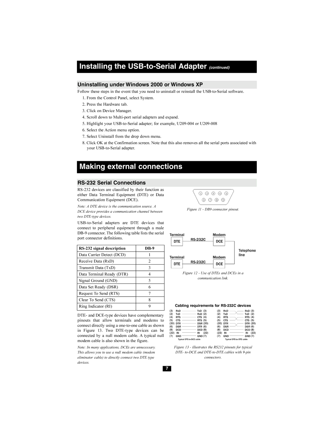 Tripp Lite U209-008 Making external connections, Uninstalling under Windows 2000 or Windows XP, RS-232 Serial Connections 