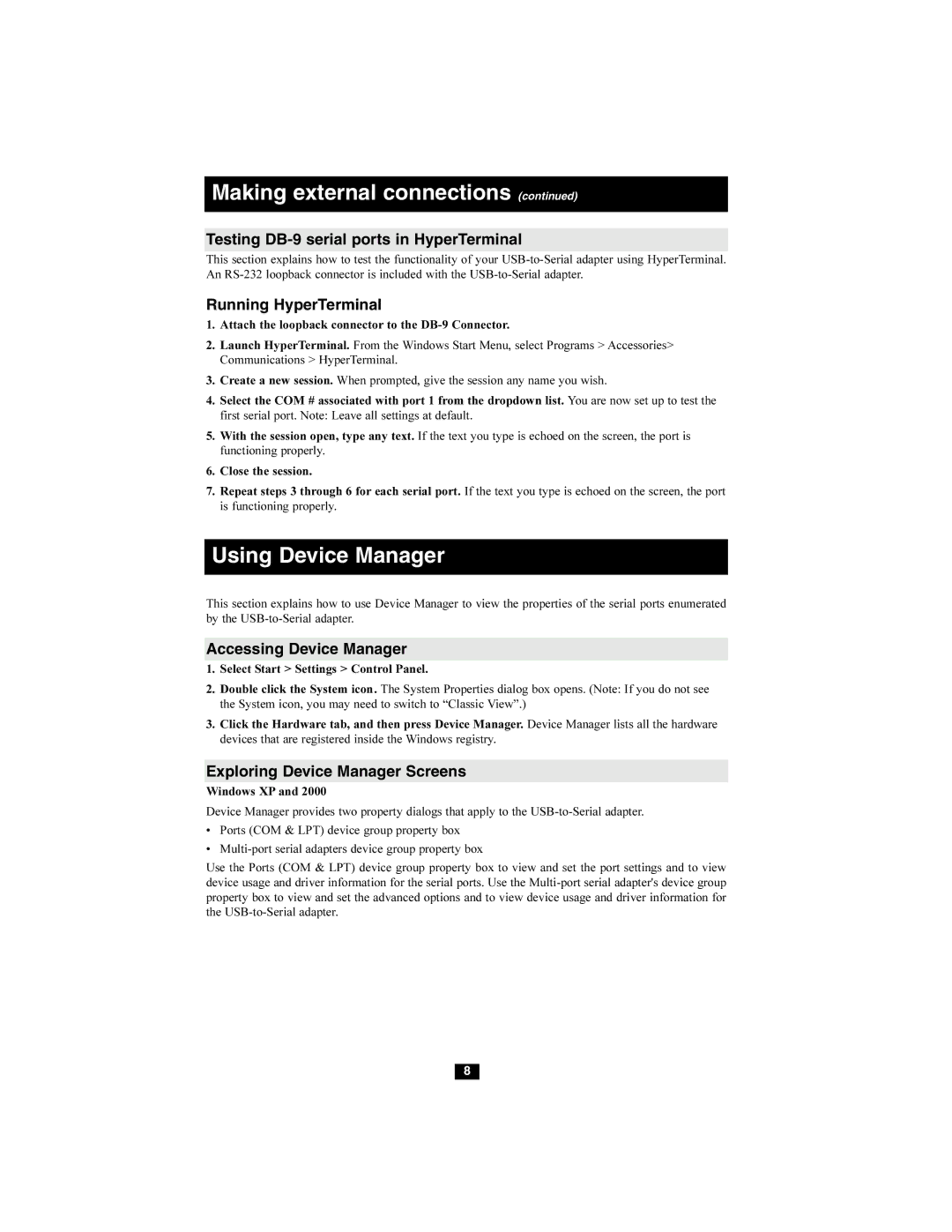 Tripp Lite U209-008 owner manual Using Device Manager, Testing DB-9 serial ports in HyperTerminal, Running HyperTerminal 