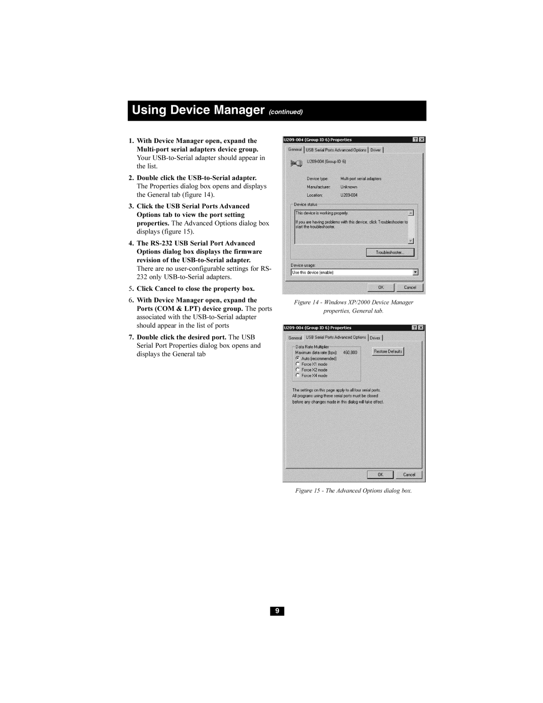 Tripp Lite U209-008 owner manual Windows XP/2000 Device Manager Properties, General tab 