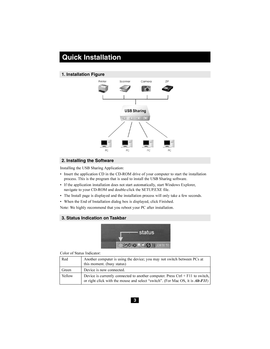 Tripp Lite U215-004-R Quick Installation, Installation Figure Installing the Software, Status Indication on Taskbar 