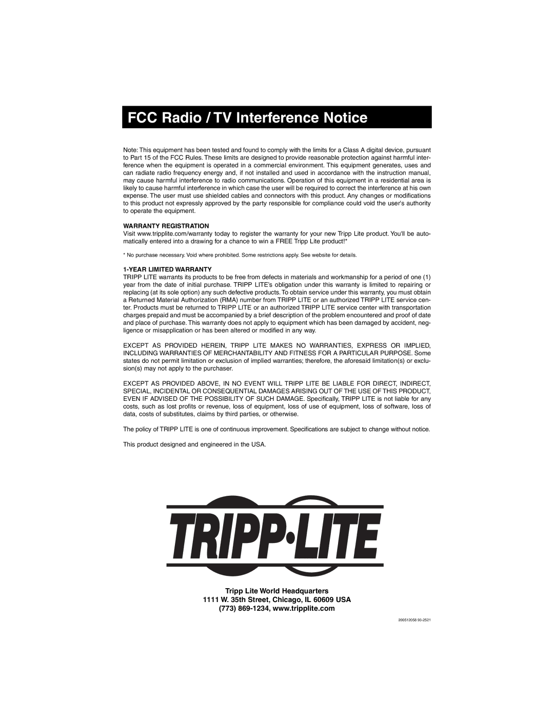 Tripp Lite U215-004-R owner manual FCC Radio / TV Interference Notice, Warranty Registration 