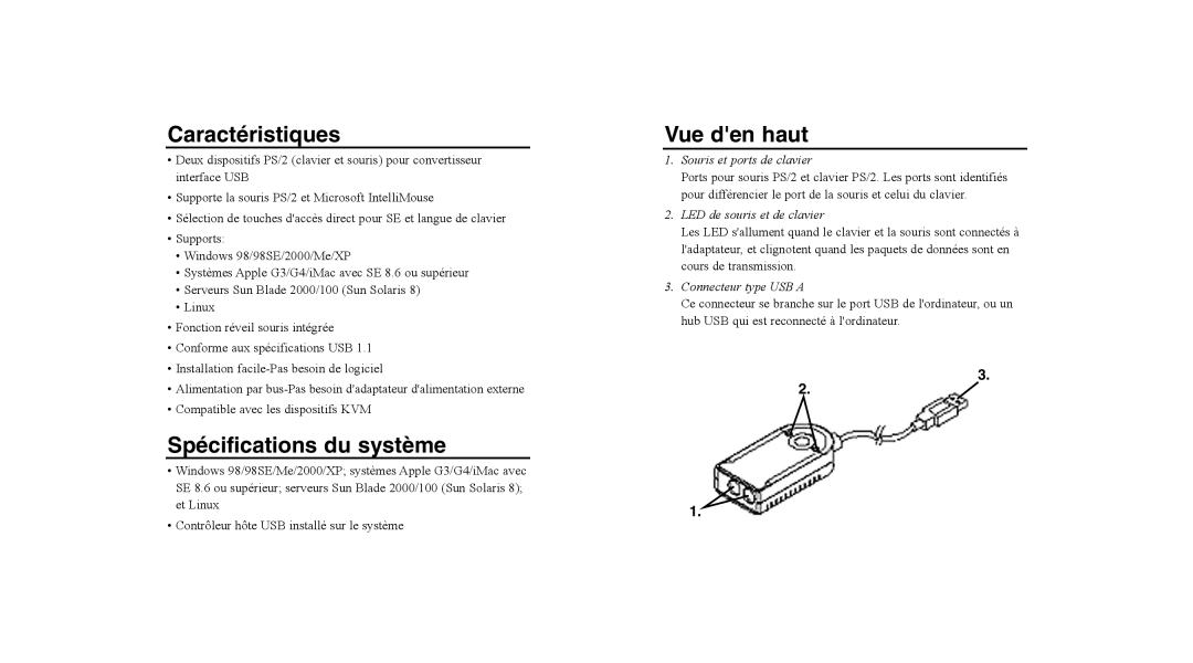 Tripp Lite U218-000-R user manual Caractéristiques, Spécifications du système, Vue den haut 