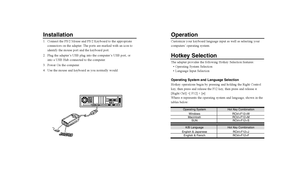 Tripp Lite U218-000-R user manual Installation, Operation, Hotkey Selection, Operating System and Language Selection 