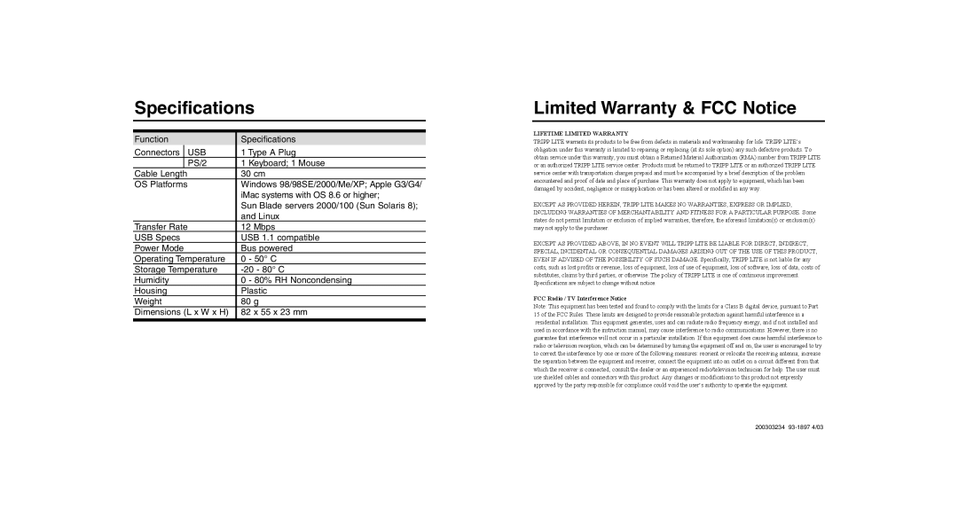 Tripp Lite U218-000-R user manual Specifications, Limited Warranty & FCC Notice, Lifetime Limited Warranty 