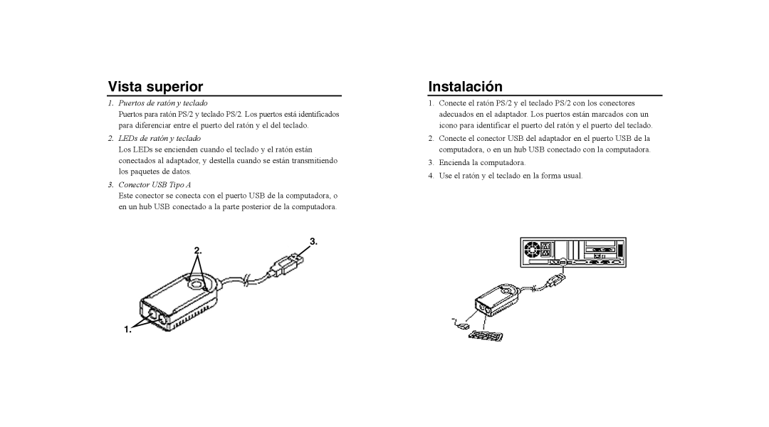 Tripp Lite U218-000-R user manual Vista superior, Instalación, Puertos de ratón y teclado, LEDs de ratón y teclado 