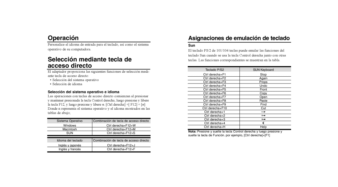 Tripp Lite U218-000-R Operación, Selección mediante tecla de acceso directo, Selección del sistema operativo e idioma 