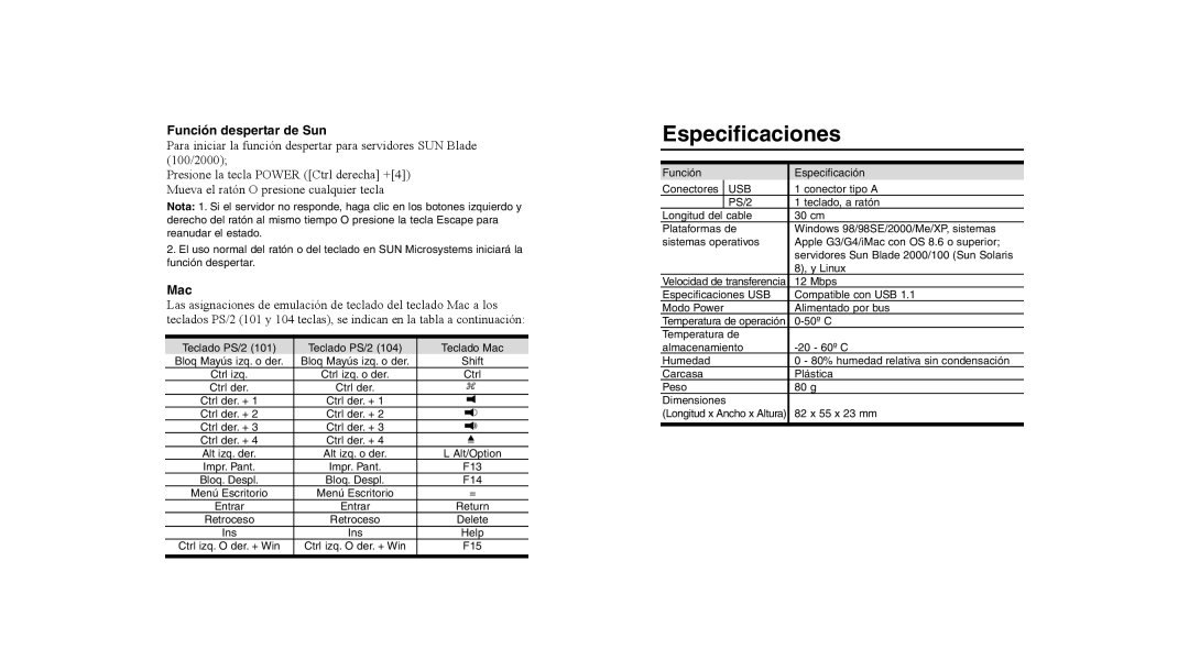 Tripp Lite U218-000-R user manual Especificaciones, Función despertar de Sun 