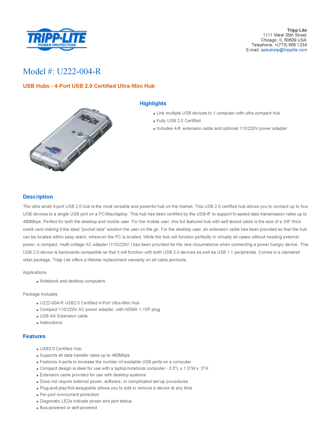 Tripp Lite warranty Model # U222-004-R, USB Hubs 4-Port USB 2.0 Certified Ultra-Mini Hub, Highlights, Description 