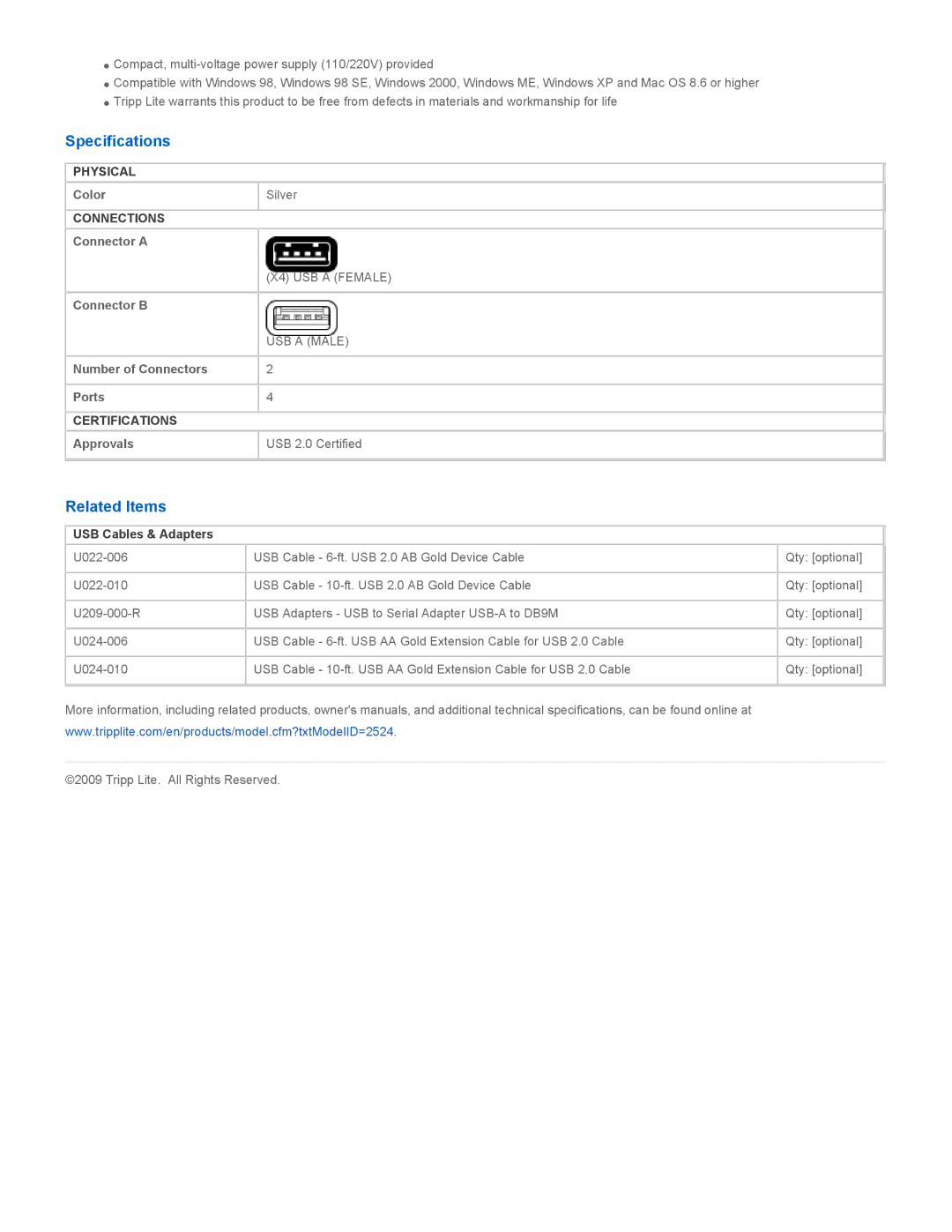 Tripp Lite U222-004-R warranty Specifications, Related Items, USB Cables & Adapters 