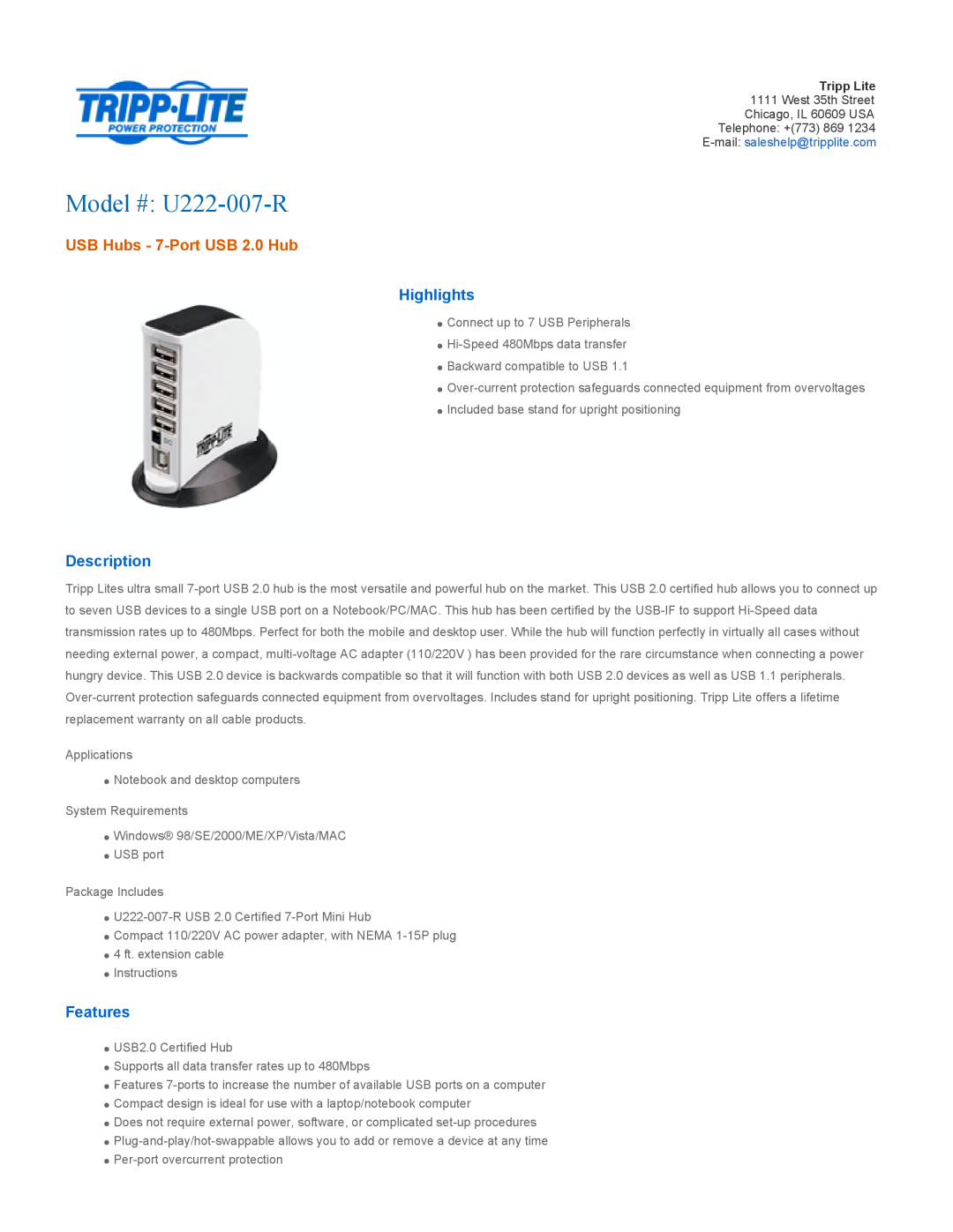 Tripp Lite warranty Highlights, Description, Features, Model # U222-007-R, USB Hubs - 7-Port USB 2.0 Hub 