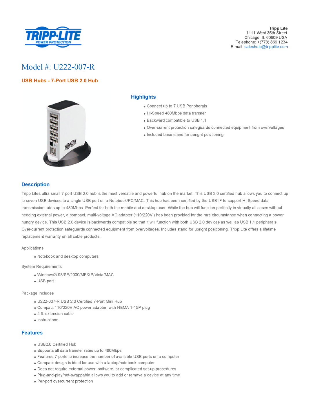 Tripp Lite warranty Model # U222-007-R, USB Hubs 7-Port USB 2.0 Hub, Highlights, Description, Features 