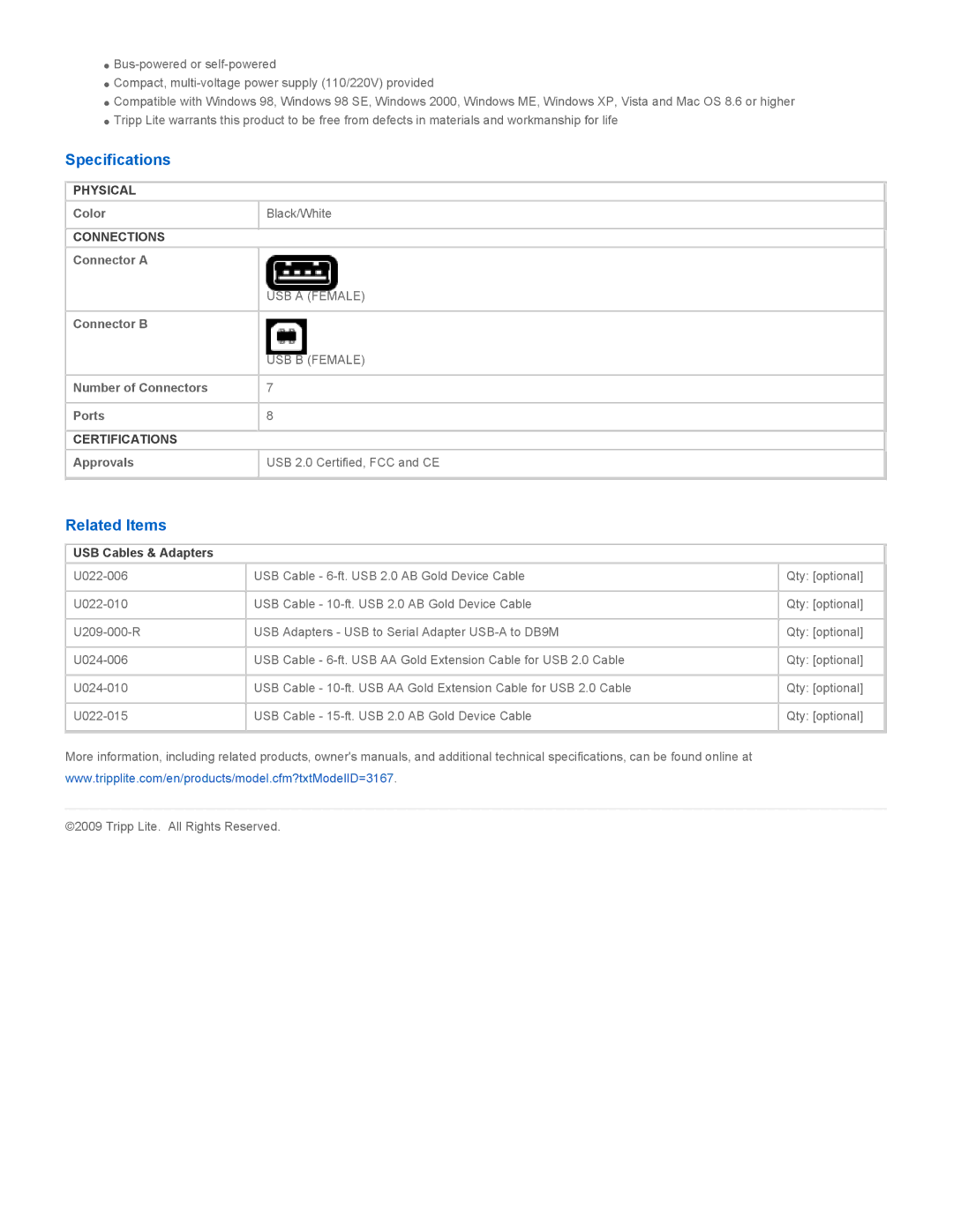 Tripp Lite U222-007-R warranty Specifications, Related Items, USB Cables & Adapters 