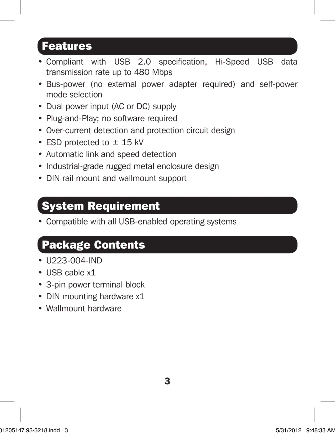 Tripp Lite U223-004-IND owner manual Features, System Requirement, Package Contents 