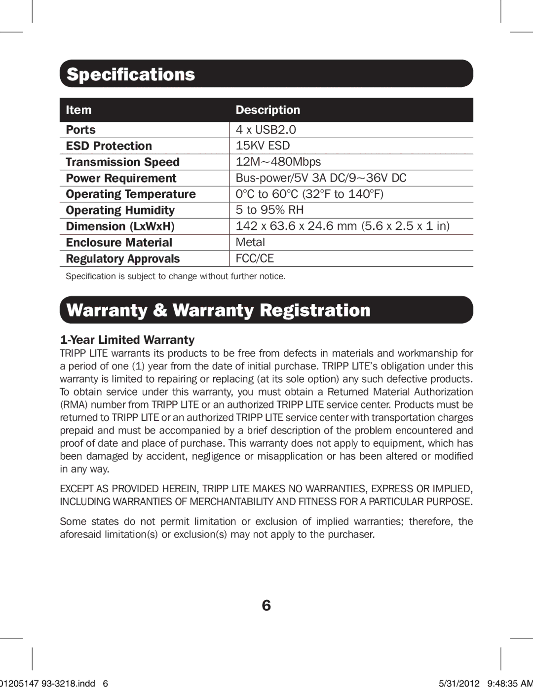 Tripp Lite U223-004-IND owner manual Specifications, Warranty & Warranty Registration, 15KV ESD, Fcc/Ce 