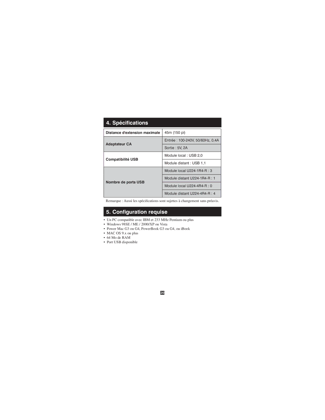 Tripp Lite U224-1R4-R, U224-4R4-R owner manual Spécifications, Configuration requise 