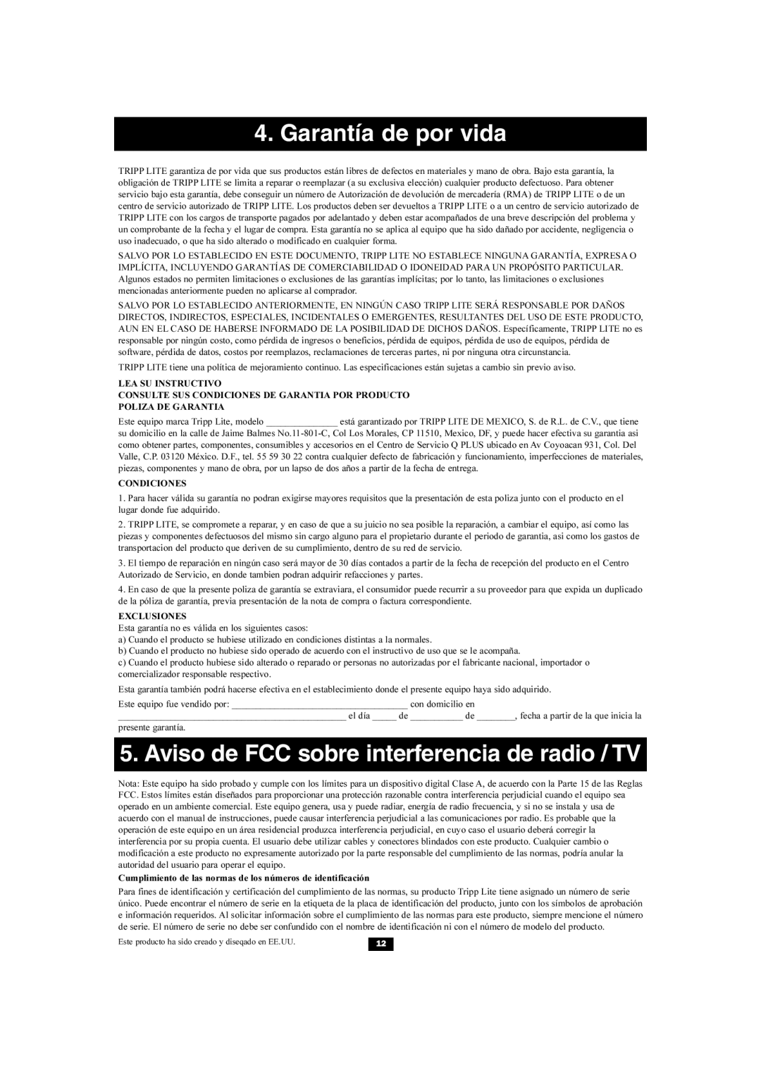 Tripp Lite U225-004-R owner manual Garantía de por vida, Aviso de FCC sobre interferencia de radio / TV 